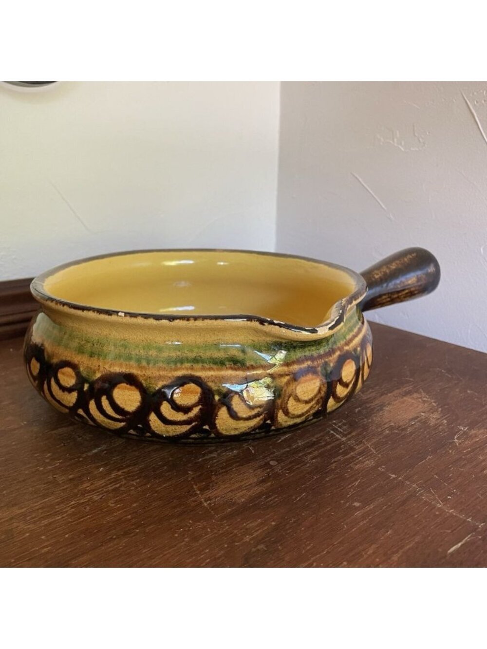 VTG MCM Landert 20 Swiss Stoneware Pottery Orange Yellow Brown Swirl Fondue Pot